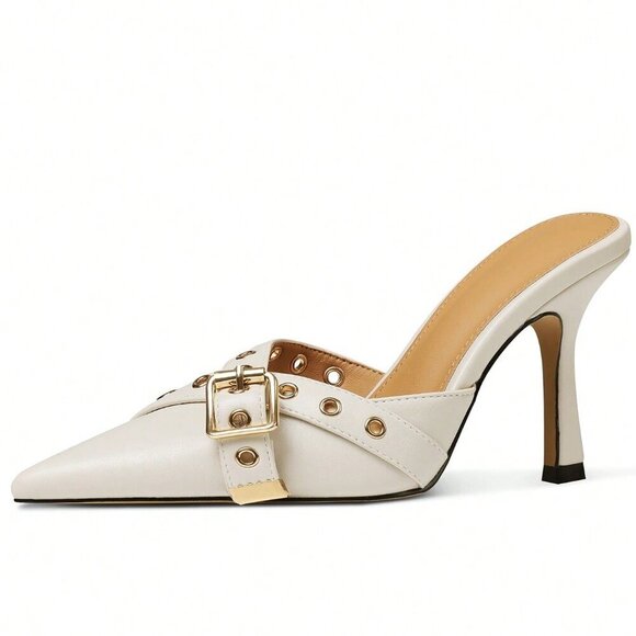 White Elegant Women's Pointed Toe Mules Pumps - Picture 10 of 10